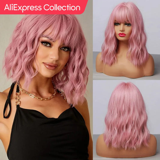 HAIRCUBE Wavy Synthetic Wig With Bangs Short Bob Pink Wigs Curly Wavy Shoulder Length Cosplay Wig Daily Colorful Wig