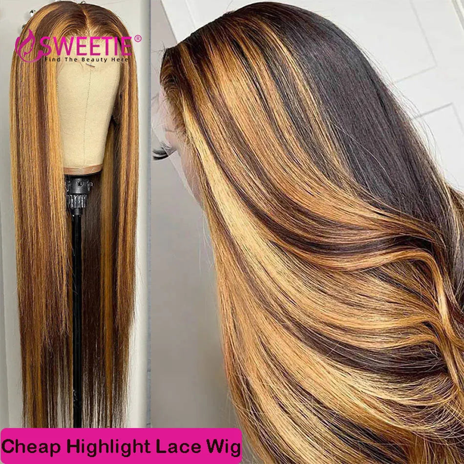 34Inch Bone Straight Highlight Lace Front Human Hair 4/27 Ombre 13x4 Lace Frontal Wigs 13x6 Honey Blonde Colored Wigs For Women