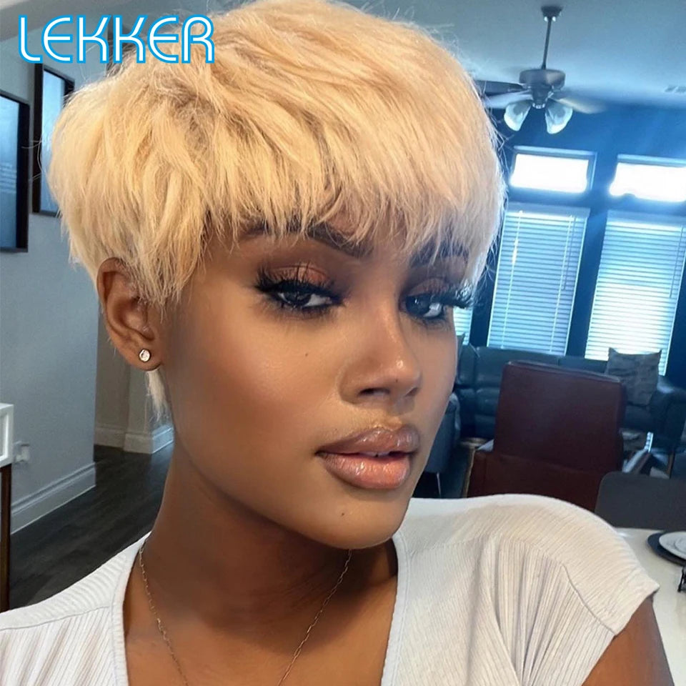 Lekker Colored Short Straight Bob Pixie Human Hair Wig With Bangs For Women Brazilian Remy Hair Non Lace Burgundy Red Cheap Wigs