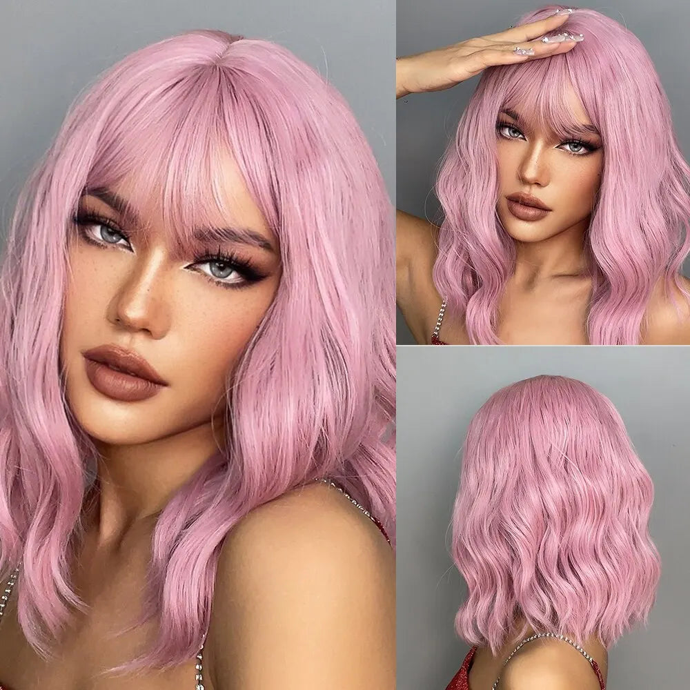 HAIRCUBE Wavy Synthetic Wig With Bangs Short Bob Pink Wigs Curly Wavy Shoulder Length Cosplay Wig Daily Colorful Wig