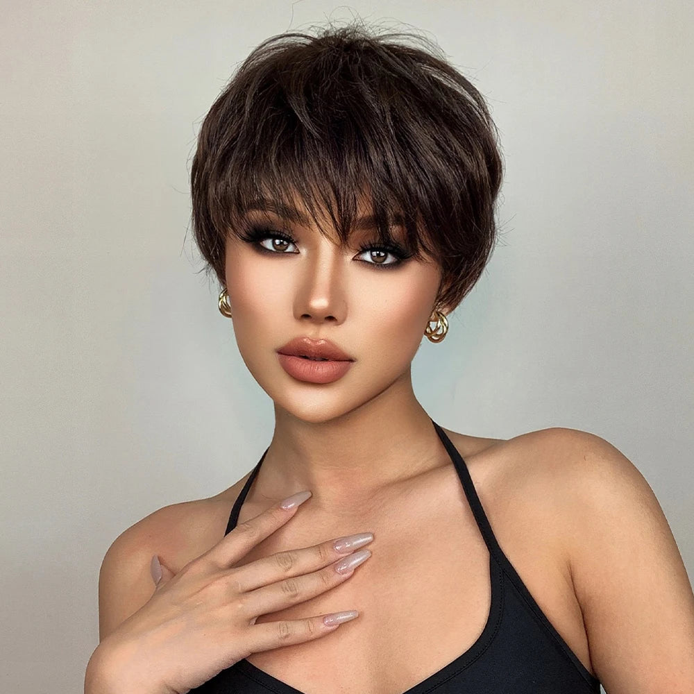 Short Pixie Cut Dark Brown Synthetic Wigs Natural Straight Layered Wig with Fluffy Bangs for Women Daily Heat Resistant Hair