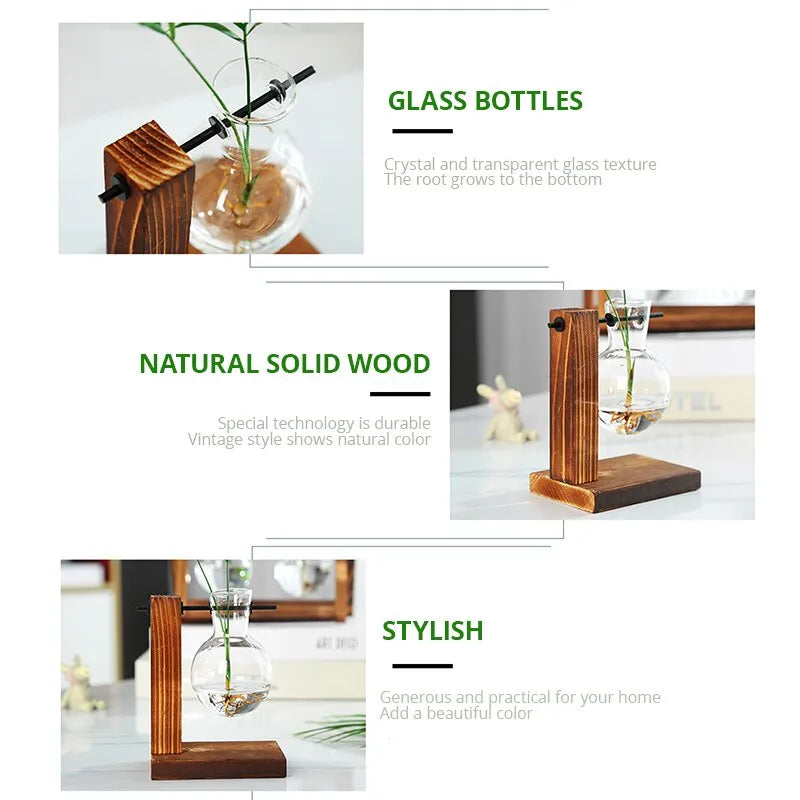 Transparent Bulb Vase with Wooden Stand Desktop Glass Planter for Hydroponics Plants Coffee Shop Room Decor