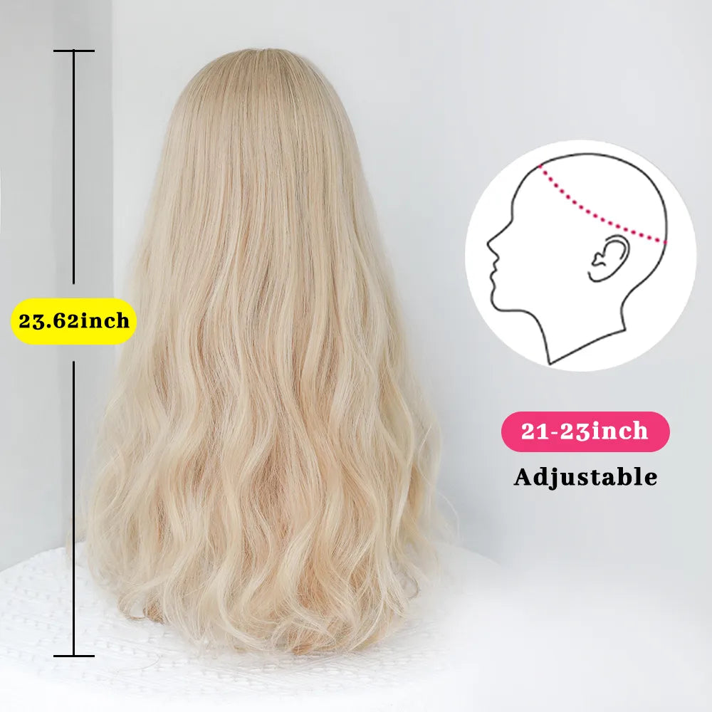 Dense Long Wave Wig Women Wig with Bangs Blonde Cospaly Lolita Daily Party Synthetic Wigs Heat Resistant Fiber Natural Fake Hair - Don't Know What To Gift