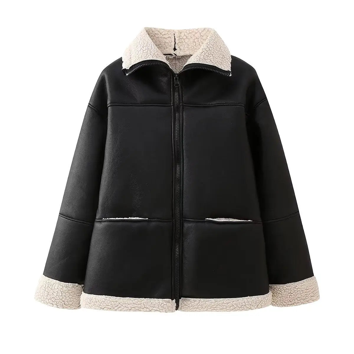 Black Women's Bomber Jacket Fur Liner Autumn Winter Female Warm Faux Wool Patchwork Lapel Zipper Coat Casual Long Sleeve Outwear