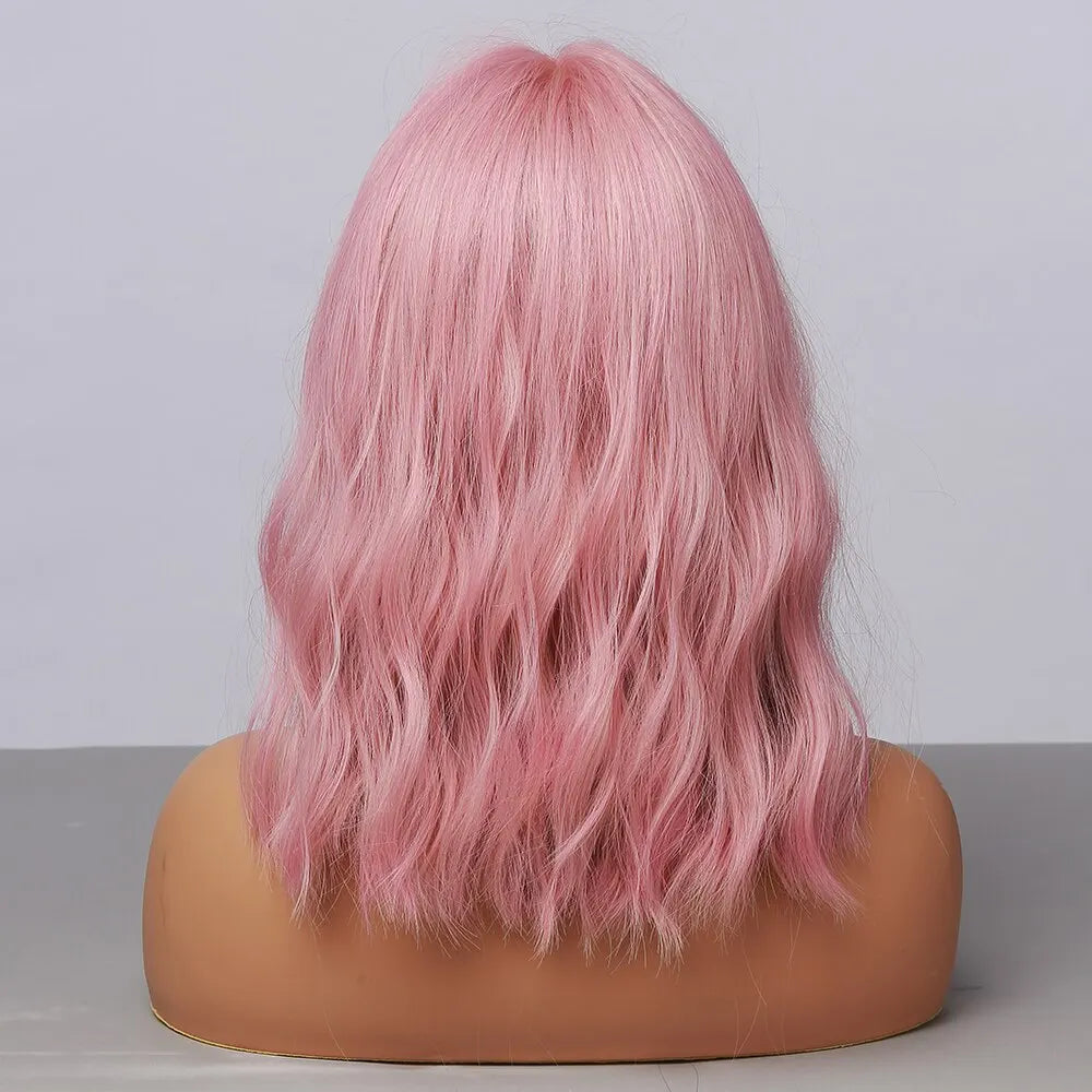 HAIRCUBE Wavy Synthetic Wig With Bangs Short Bob Pink Wigs Curly Wavy Shoulder Length Cosplay Wig Daily Colorful Wig