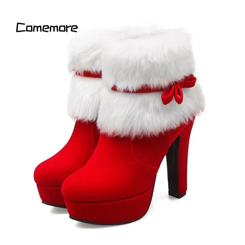 Comemoret High Heels Ladies Shoes Femme Warm Platform Short Boots Red Black Shoe Plus Size 43 Winter Women Christmas Ankle Boo