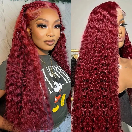 13x4 13x6 Deep Curly Lace Frontal Wig Transparent 99J Burgundy Curly Lace Front Wigs Red Colored HD Deep Wave Human Hair Wigs