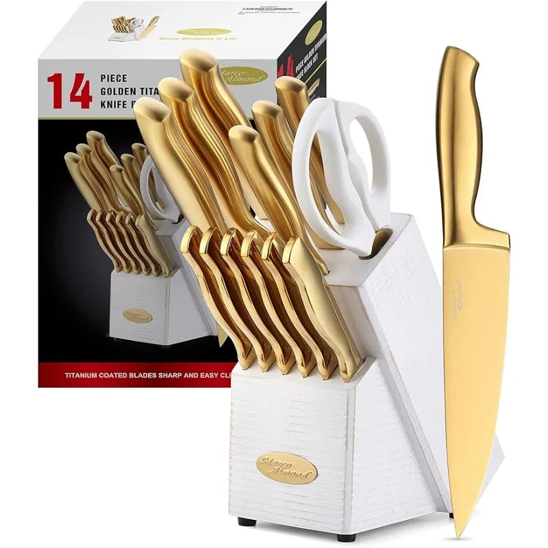 Titanium Coated 14 Pieces Stainless Steel Chef Gold Kitchen Knife Sets with White Block