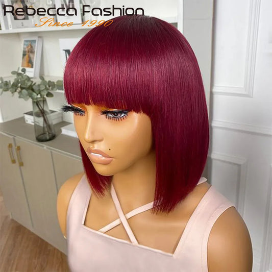 99J Colored Short 180D Straight Brazilian Human Hair Bob Wigs with Bangs Remy Full Machine Made for Women Hightlight Burgundy