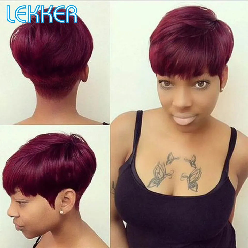 Lekker Colored Short Straight Bob Pixie Human Hair Wig With Bangs For Women Brazilian Remy Hair Non Lace Burgundy Red Cheap Wigs