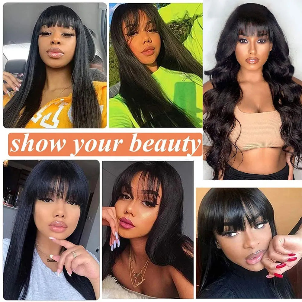 100% Human Hair Wigs Straight Hair With Bang Fringe For Women Brazilian Bob Wig Glueless Full Machine Made With Bangs 30 Inch - Don't Know What To Gift