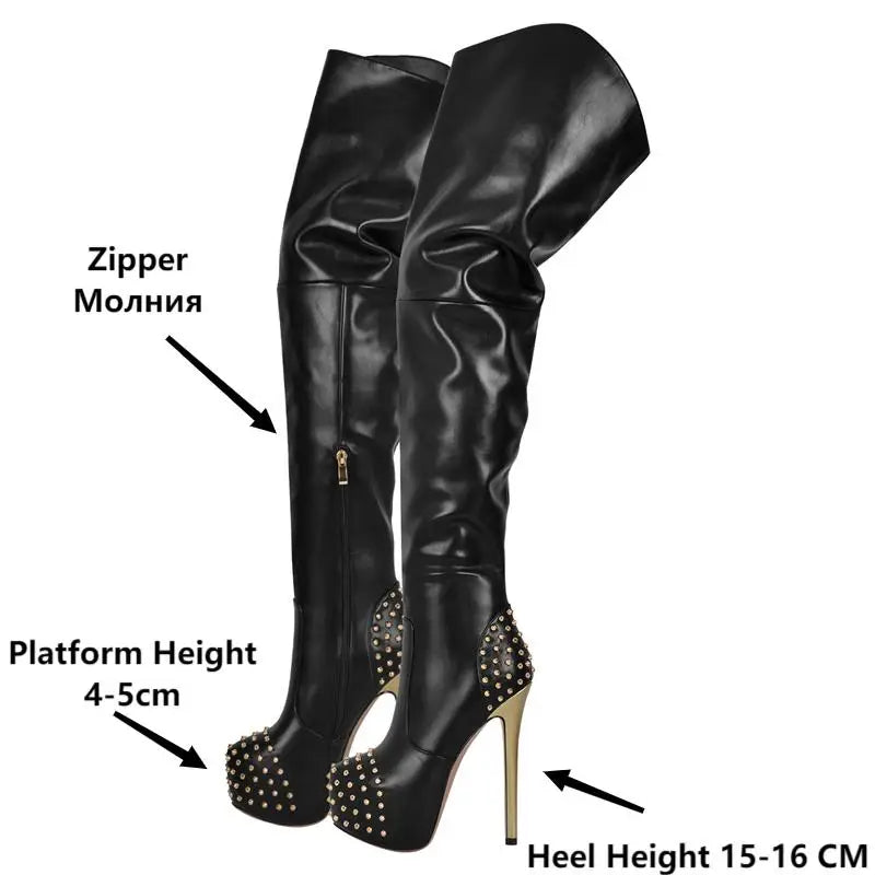 Onlymaker Women Platform Rivet Over The Knee Boots Thin High Heel Zipper Fashion Black  Sexy Winter Warm Thigh Lady  Boots