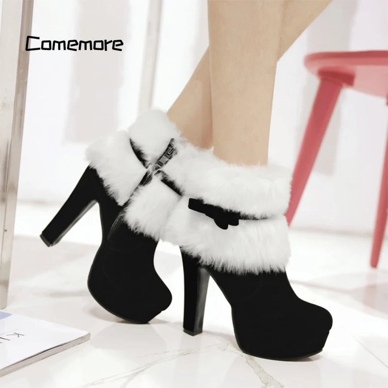 Comemoret High Heels Ladies Shoes Femme Warm Platform Short Boots Red Black Shoe Plus Size 43 Winter Women Christmas Ankle Boo