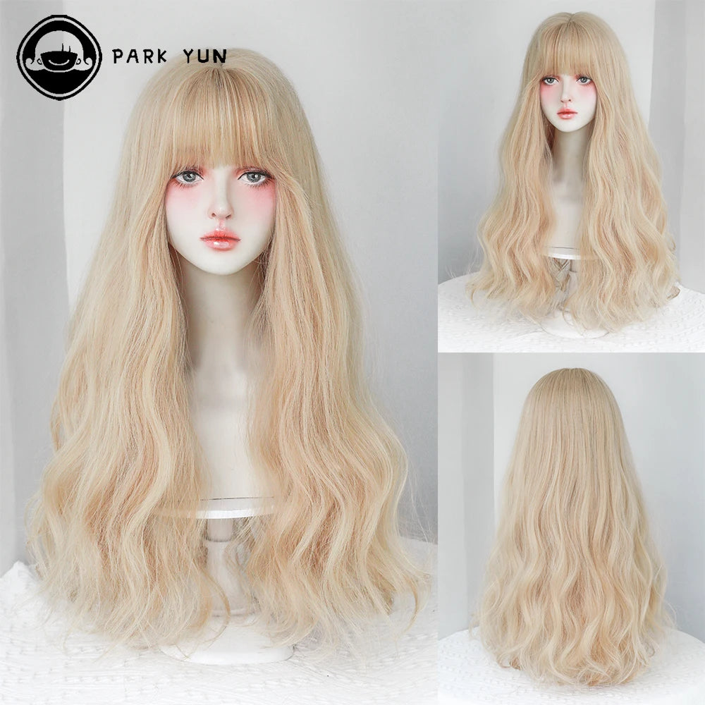 Dense Long Wave Wig Women Wig with Bangs Blonde Cospaly Lolita Daily Party Synthetic Wigs Heat Resistant Fiber Natural Fake Hair - Don't Know What To Gift