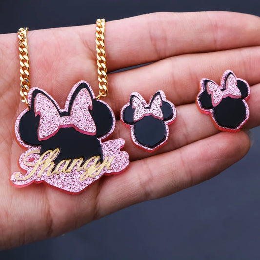 2021 Children's Cartoon Name Necklace Acrylic Name Necklace Stud Earrings Set Custom Cuban Chain Gift - Don't Know What To Gift